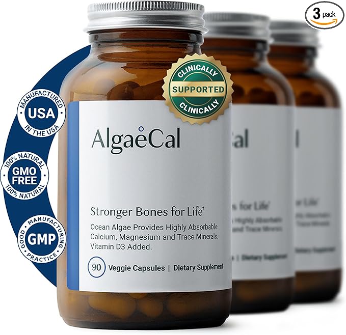ALGAECAL - Plant Based Calcium Supplement with 13 Bone Supporting Minerals + Vitamin D3 (1000 IU) clinically Shown to Stop Bone Loss. Organic Calcium (750 mg), 90 Veggie Caps, 3 Month Supply