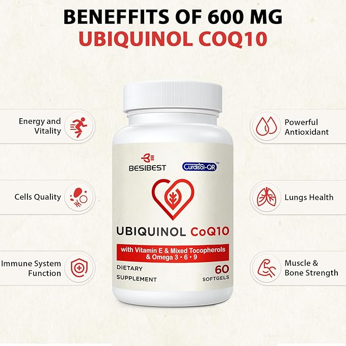 Ubiquinol CoQ10-600mg-Softgel, Active Coq10 Ubiquinol Supplement with Vitamin E & Omega 3, 6, 9, High Absorption-Coenzyme-Q10, Powerful Antioxidant for Energy Production, Tested, 60 Count