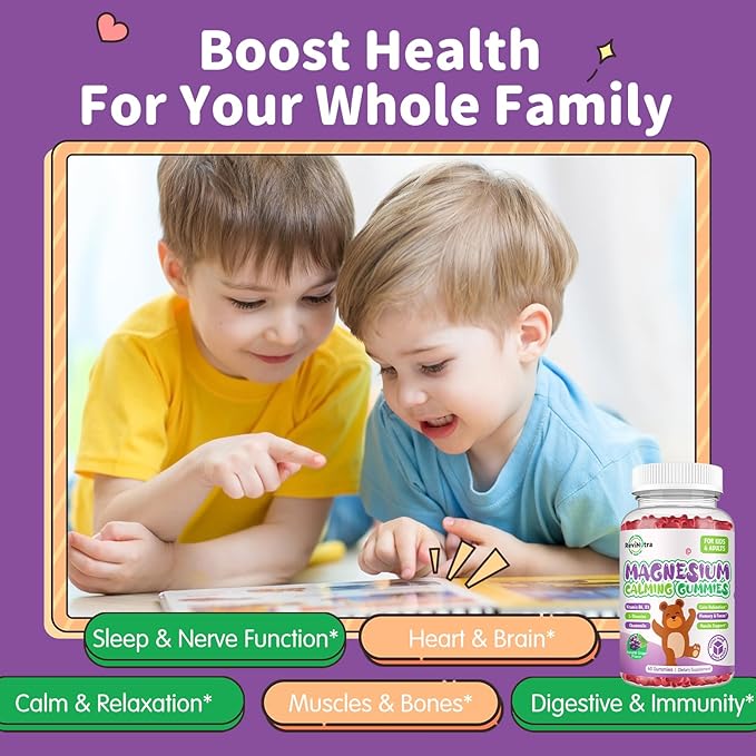Magnesium Gummies for Kids - Magnesium Glycinate, L-Threonate Supplement with L-Theanine, Vitamin B6, D3 for Adults & Kids - Support Calm, Sleep, Relaxation, Brain, Bones, Sugar Free Grape 60ct