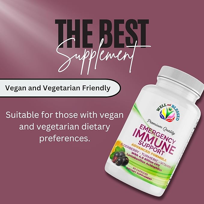 Emergency Immune Support - 60 Capsules - Elderberry, Turmeric, Vitamin C - Advanced Formula Capsules with Artificial Additives - Vegan Friendly