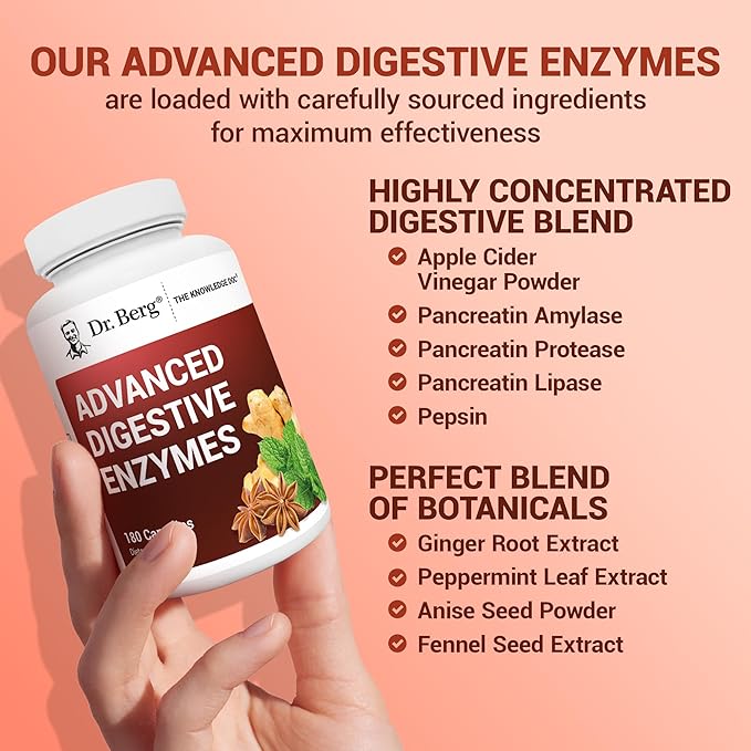 Dr. Berg Advanced Digestive Enzymes with Apple Cider Vinegar - Includes Digestive Health Ingredients Like Betaine Hydrochloride (HCI), Ginger Root & Peppermint Leaf - 180 Capsules