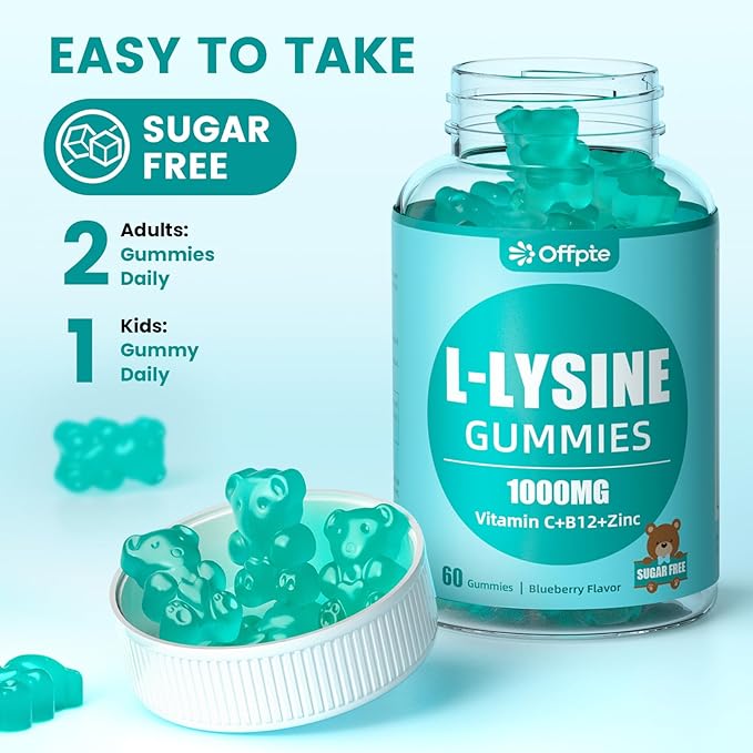 L- Lysine Gummies 1000mg - Sugar Free for Kids and Adults, Chewable L Lysine Supplements with Vitamin C,B12 & Zinc for Lips,Oral & Skin Health, Immune, Collagen Support, Vegan, Gluten Free,Mixedberry