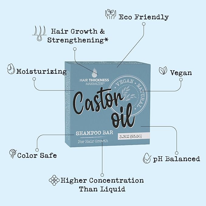 Castor Oil Shampoo Bar for Hair Growth & Strengthening - With Organic Castor Oil, Rice protein, Eco Friendly pH Balanced - Color Safe Castor Oil Solid Shampoo Bar with No Harsh Chemicals