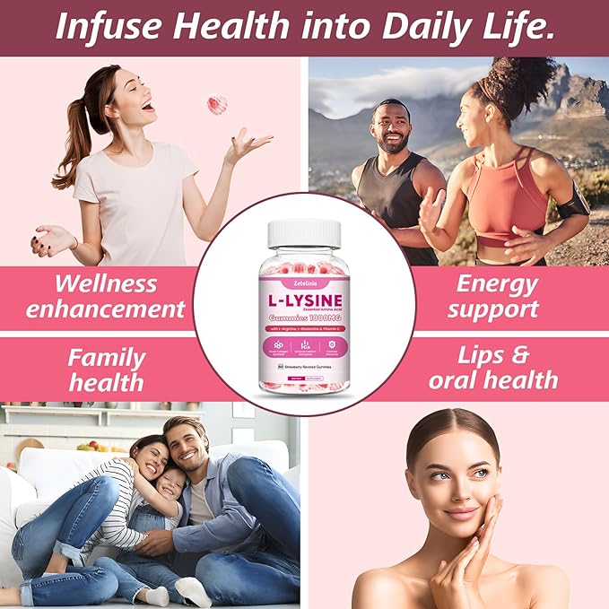 1000mg L-Lysine Gummies, Lysine Gummies Supplement for Adults & Kids, Essential Amino Acid with L-Arginine, L-Glutamine, Vitamin for Lip & Skin, Immune, Calcium Absorption, Strawberry Flavor, 60Ct