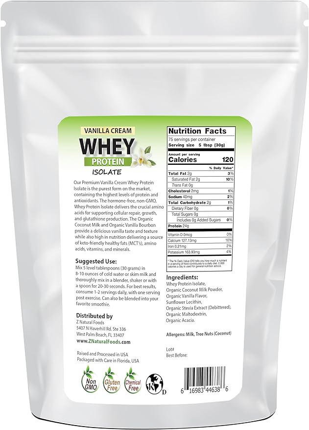 Z Natural Foods Vanilla Cream Whey Protein Isolate, Nutrition-Rich, Flavorful Protein Powder for Heart Health and Immunity, Great in Tea, Coffee, Smoothie, Non-GMO, Gluten-Free, Kosher, 5 lbs