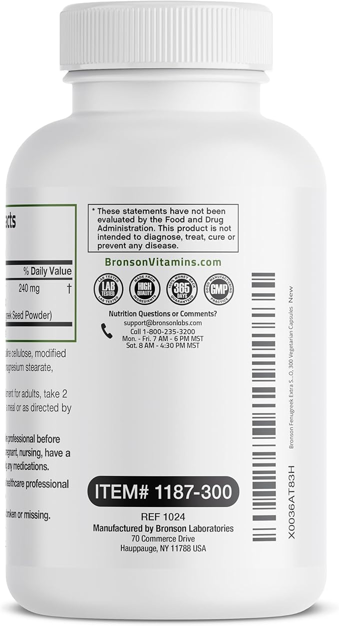 Bronson Fenugreek Seed Powder Capsules Extra Strength, Trigonella Foenum-Graecum, Non-GMO, Soy-Free, Vegetarian, 300 Capsules
