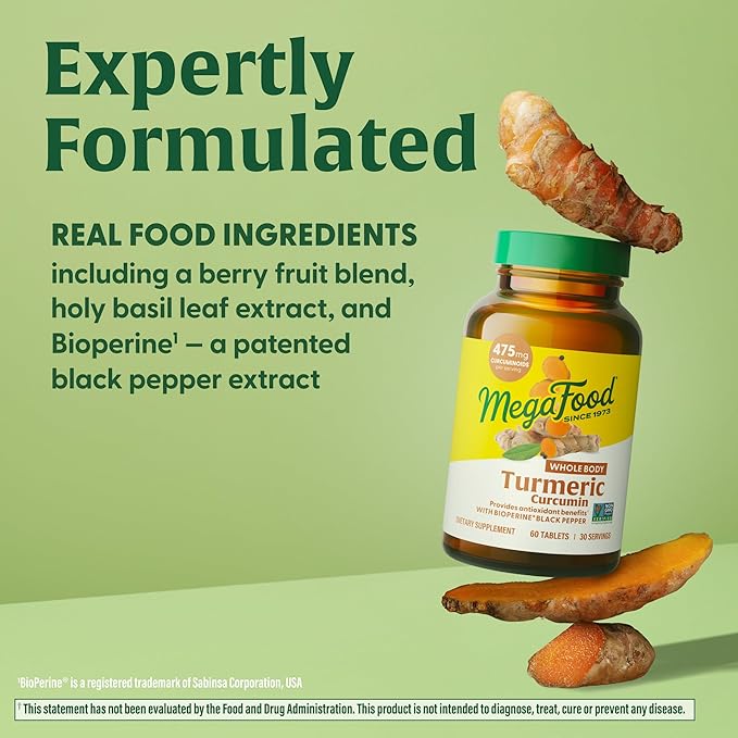MegaFood Whole Body Turmeric Curcumin Supplement - Turmeric Supplement With Black Pepper & Vitamin C - 475 mg Curcuminoids Per Serving - Antioxidant & Immune Support - Vegan - 120 Tablets, 60 Servings