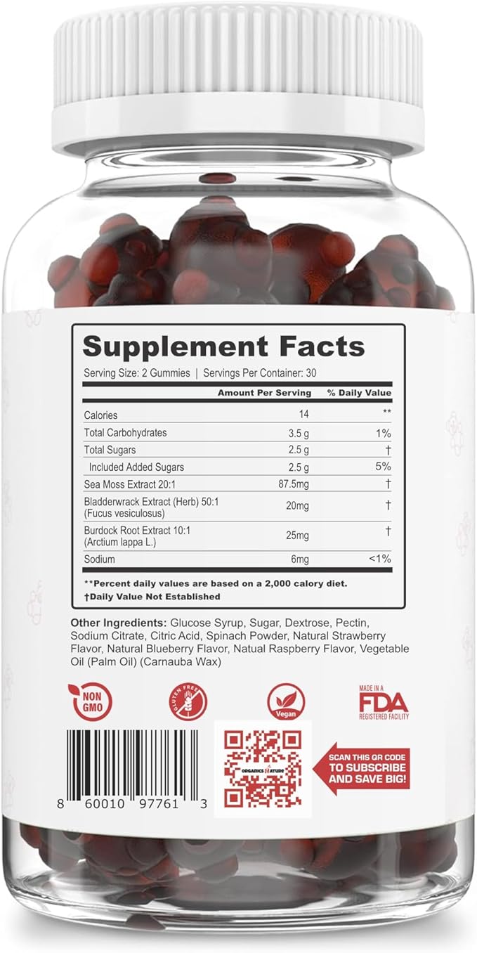 ORGANICS NATURE Irish Sea Moss Gummies for Lung Detox, Thyroid, Strength Immune & Energy Support, Vegan Seamoss Gummies for Kids & Adults - 60 Vegan Gummy Bears Berry Flavored