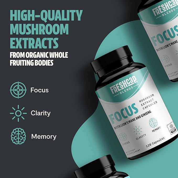 FreshCap 4-in-1 Focus Supplement - Brain Supplements for Memory and Focus - Memory Supplement for Brain, Brain Booster Supplement, Lions Mane Extract, Ayurveda Ginseng (120 Capsules)
