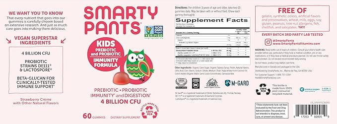 SmartyPants Kids Probiotic Immunity Gummies: Prebiotics & Probiotics for Digestive Health and Immune Support Supplement, Gluten Free, Vegan, Strawberry Crème Flavor, 60 Count (30 Day Supply)