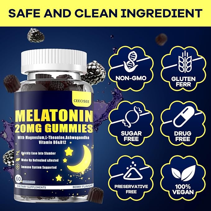 Melatonin 20mg Gummies for Adult: Sugar Free Melatonin Supplement Extra Strength with Ashwagandha L-Theanine Magnesium Turmeric Vitamin D3 B6 B12 - Non-Habit Forming for Women Men(120Count)