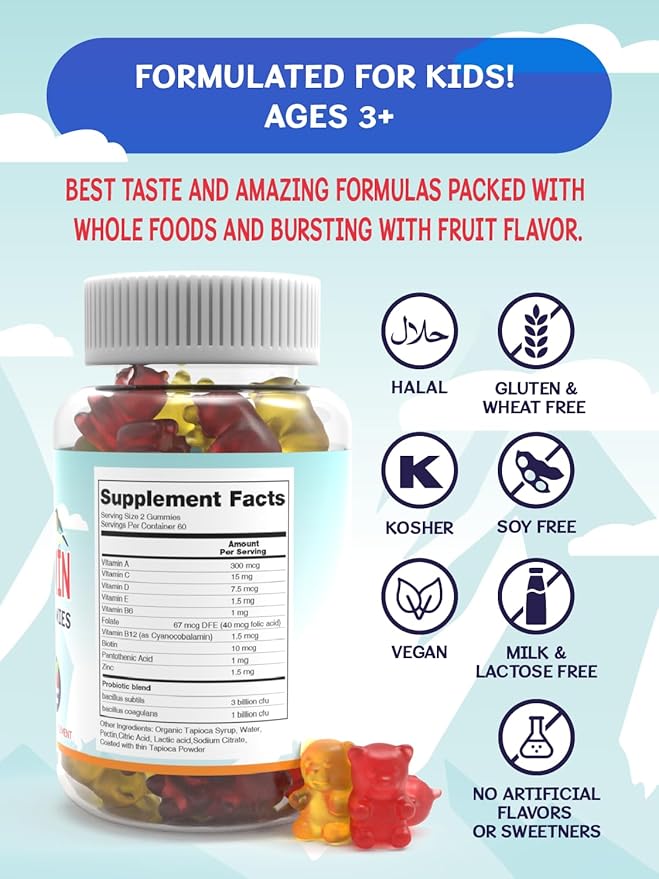 Sakoon nutrition Kids Multivitamin Gummies with Probiotics, 60 Count Raspberry Flavor| Vegetarian, Non-GMO, Gluten Free, Halal Children's Supplement