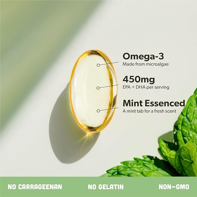 Vegan Omega 3 Supplement - Plant Based DHA & EPA Fatty Acids - Carrageenan Free, Alternative to Fish Oil, Supports Heart, Brain, Joint Health - Sustainably Sourced Algae, Fish Oil Free - 180 Softgels