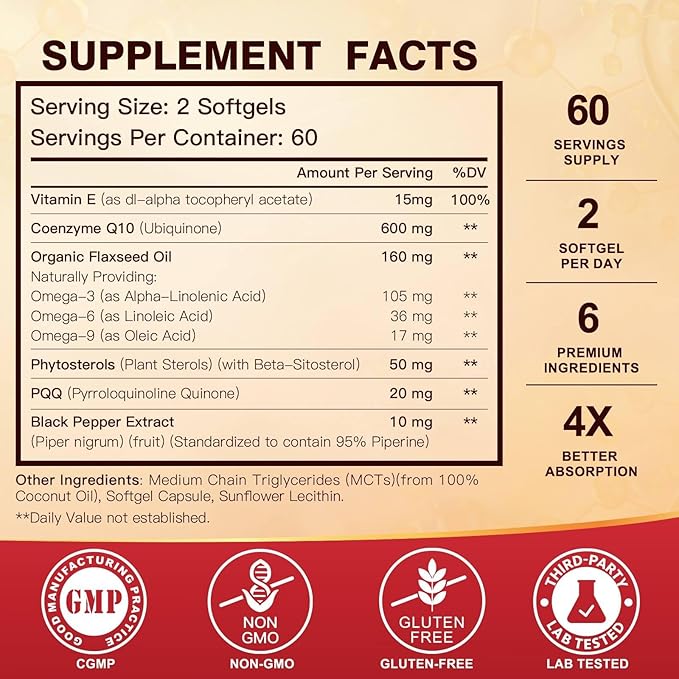 CoQ10 600 mg Softgels CoQ10 Supplement - CQ10 Coenzyme-Q10 with Omega 3 & PQQ & Vitamin E Support Heart & Antioxidant, CoQ10 400mg Softgels, 60 Servings