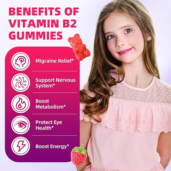 Vitamin B2 Gummies for Kids & Adults, VIT B2 Riboflavin 400mg Supplement with Magnesium for Migraine Relief & Nervous System Support, Non-GMO, Vegan, Raspberry Flavor 60 Count