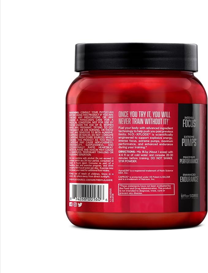 BSN N.O.-XPLODE Pre Workout Powder, Energy Supplement for Men and Women with Creatine and Beta-Alanine, Flavor: Grape, 30 Servings