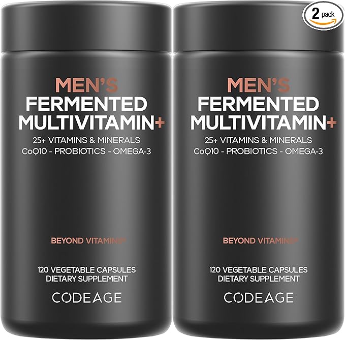 Codeage Men’s Daily Multivitamin – 25+ Essential Vitamins & Minerals, Organic Whole Foods, Probiotics, Omega-3, Zinc, Vitamins A, B, C, D, E & K, 2 Pack
