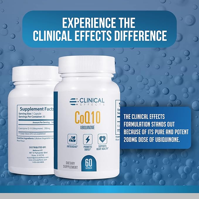 Clinical Effects CoQ10 Supplement - Coenzyme Q10 200mg - 30-Day Supply - Ubiquinone Antioxidant Supplement for Heart Health, Cognitive Functions and Energy Support - 1 Capsule a Day - Made in The USA