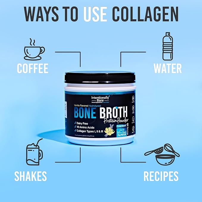Intentionally Bare Bone Broth Organic Protein Powder Vanilla - Grass Fed Vanilla Protein with Collagen Types 1 2 & 3 - Keto Collagen Powder - Vanilla Collagen Powder for Joints & Gut - 20 Servings