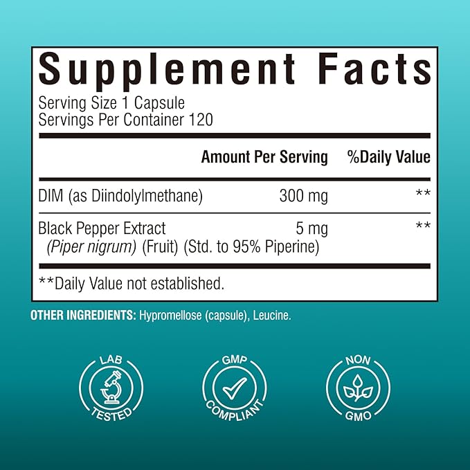 DIM Supplement for Women & Men, Estrogen Metabolism, Hormone Balance & Menopause Support, DIM 300 mg with Black Pepper Extract, High Absorption, 120 Capsules