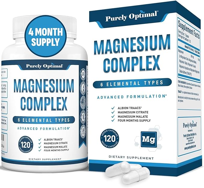 Purely Optimal Magnesium Complex - High Absorption Magnesium Supplement with Magnesium Citrate, Glycinate, Malate & More - High Absorption, Gluten Free, Soy Free, Non-GMO - 120 Capsules