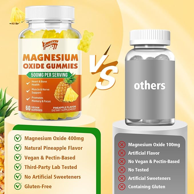 2 Pack Magnesium Oxide 500mg Gummies for Adults & Kids, Supports Nerve Muscle & Bone Health, Vegan Non-GMO Dietary Supplement with Pineapple Flavor, 120 Gummies