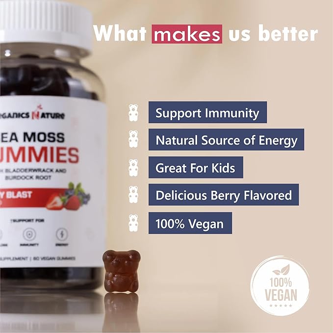 ORGANICS NATURE Irish Sea Moss Gummies for Lung Detox, Thyroid, Strength Immune & Energy Support, Vegan Seamoss Gummies for Kids & Adults - 60 Vegan Gummy Bears Berry Flavored