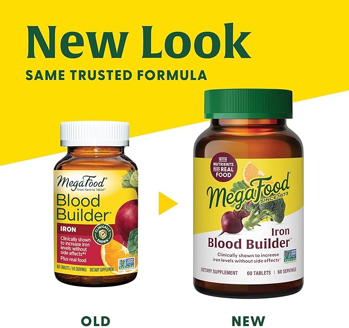 MegaFood Blood Builder - Iron Supplement Shown to Increase Iron Levels without Nausea or Constipation - Energy Support with Iron, Vitamin B12 and Folic Acid - 90 Tabs