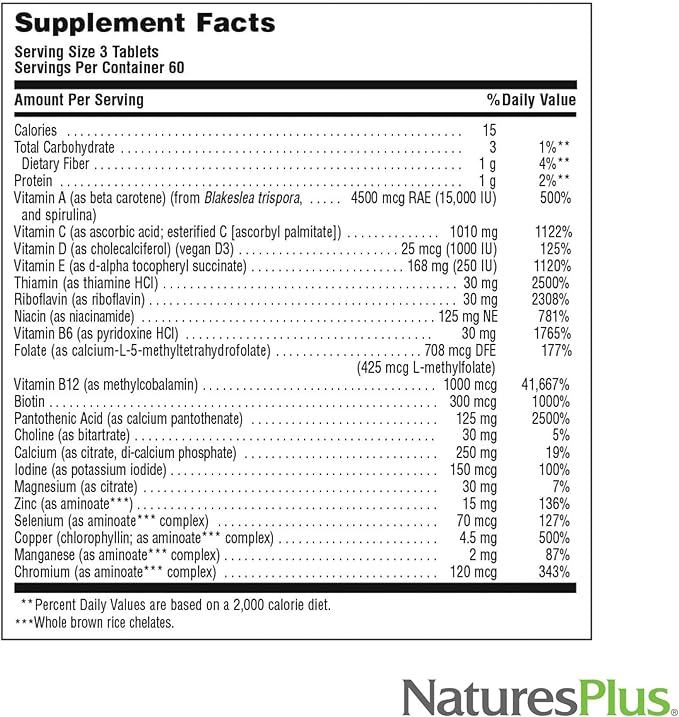 NaturesPlus Source of Life Gold Multivitamin - 180 Tablets - Blood Support, Bone Support, Healthy Immune System - Includes Vitamins D3, B12, K2 & Over 120 Whole Food Nutrients - 60 Servings