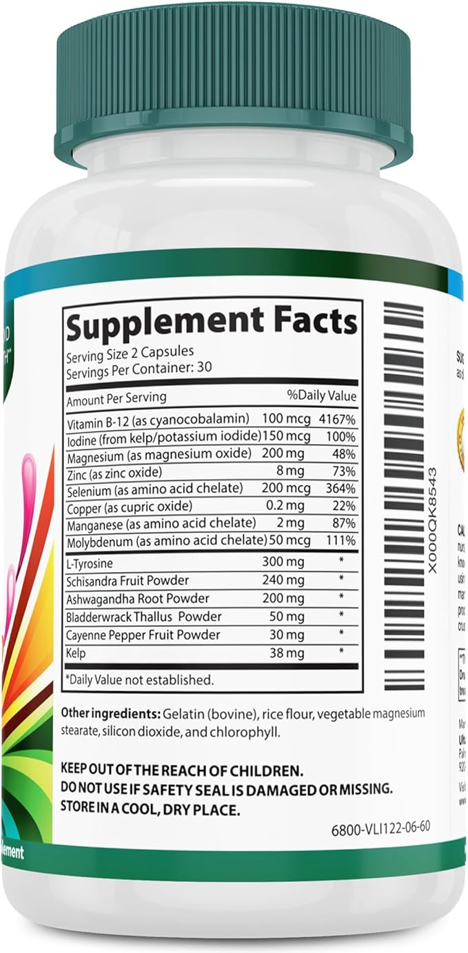 Daily Thyroid Boost Advanced Formula with Iodine Ashwagandha Vitamin B12 Zinc and Selenium for Energy Metabolism and Focus 60 Capsules