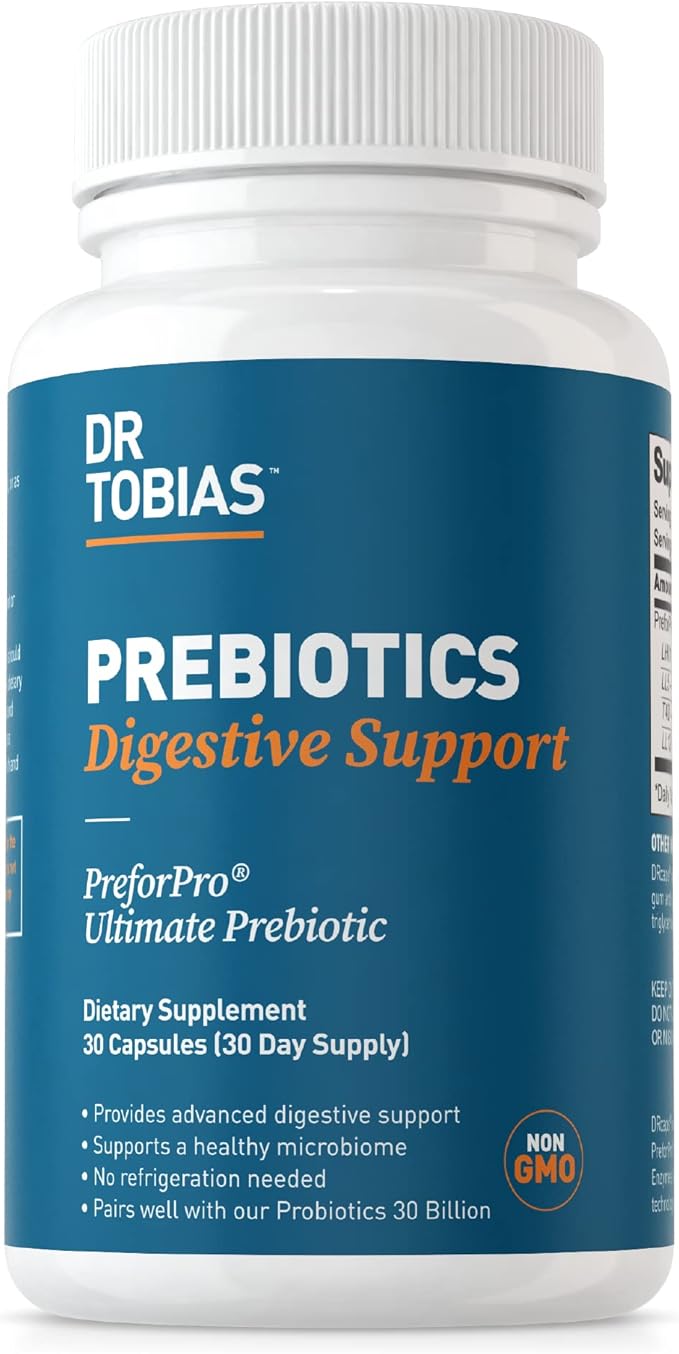 Dr. Tobias Prebiotics, Supports Digestion & Gut Health, Feed Good Probiotic Bacteria, Boost Gut Immune Function, Vegan & Non-GMO Gut Health Supplements for Men and Women, 30 Capsules, 30 Servings