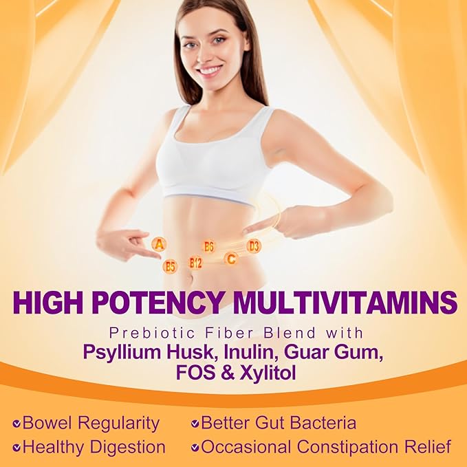 1Pack Prebiotic Fiber Gummies for Adults 7G with Psyllium Husk Fiber , Soluble Fiber + Insoluble Fiber, Inulin, Fos, Multivitamin, Fiber Supplement for Daily Digestive Health,Regularity Gut,Sugar Free