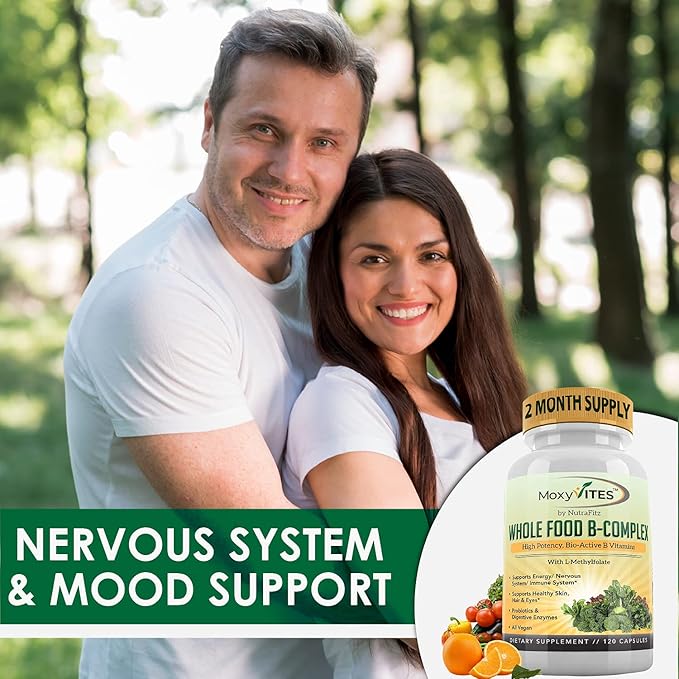 Vitamin B Complex - B Vitamins Whole Food Supplement, B12 Methylcobalamin, B1, B2, B3, B5, B6, B7, B9 - for Stress, Energy and Immune Support, Vegan, 120 Capsules
