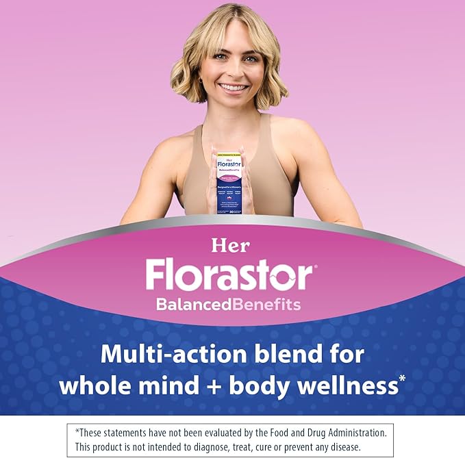 Florastor Her Digest and De-Stress Women's Probiotic and Stress Relief Supplement, Probiotics for Digestive Health, Vaginal Probiotics, and L-Theanine for Mind and Body Wellness, 30 Capsules