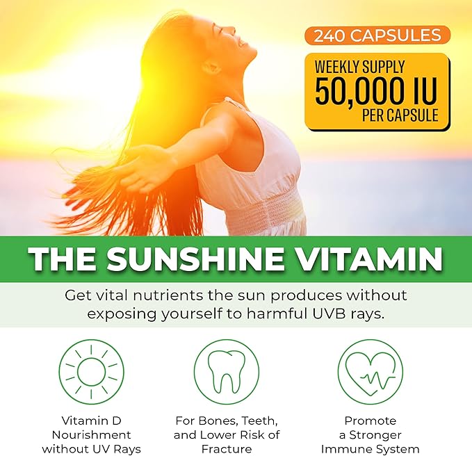 ForestLeaf Vitamin D3 50,000 IU | VIT D - VIT D3 Vitamin D Supplement for Women and Men | Bone Health, Teeth, Immune Support | Easy to Swallow Pills | High Potency WEEKLY Dose, 4-Year Supply, 240 Caps