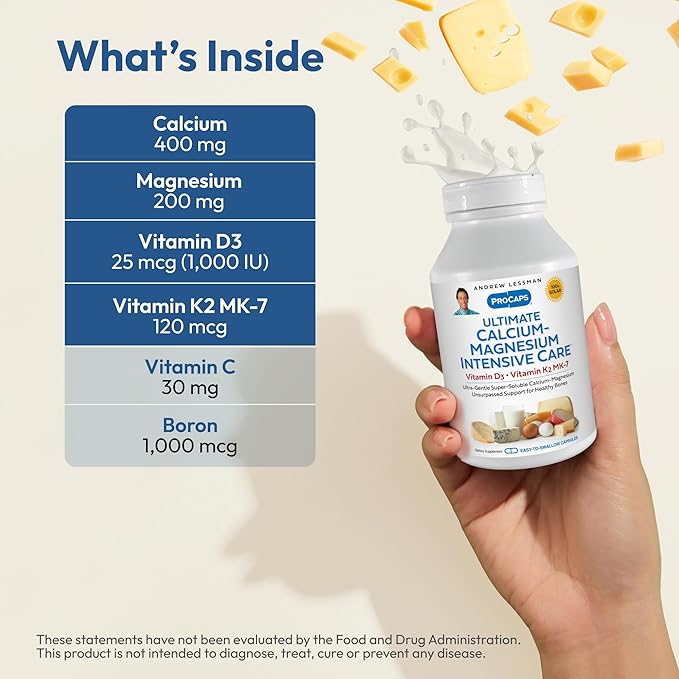 ANDREW LESSMAN Ultimate Calcium-Magnesium Intensive Care with Vitamin D3 & K2 MK7-120 mcg - 720 Capsules – Bone and Skeleton Health Essentials. Gentle, Easy to Swallow, Super Soluble. No Additives