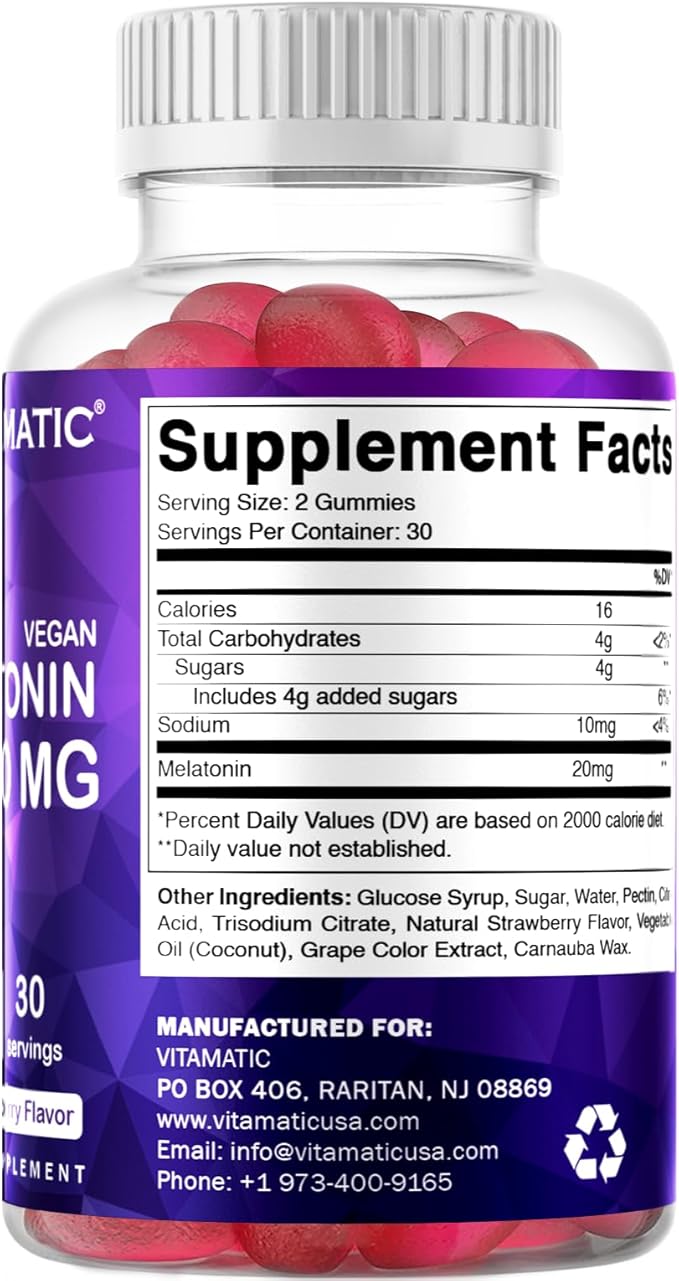 Vitamatic Melatonin 20mg Gummies for Adults, 30 Servings - 60 Count - Non-Habit Forming Supplement (Pack of 2)