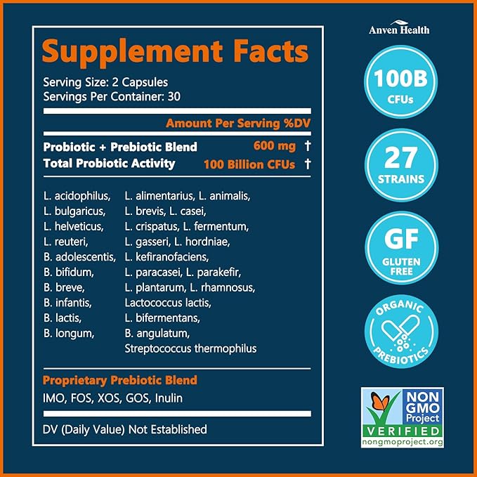 100 Billion Probiotics for Men and Women 27 Strains 5 Organic Prebiotics for Gut Digestive & Immune Health, Supports Diarrhea Gas Bloating, Vegan Probiotic Supplement Formulaไธจ60 Caps