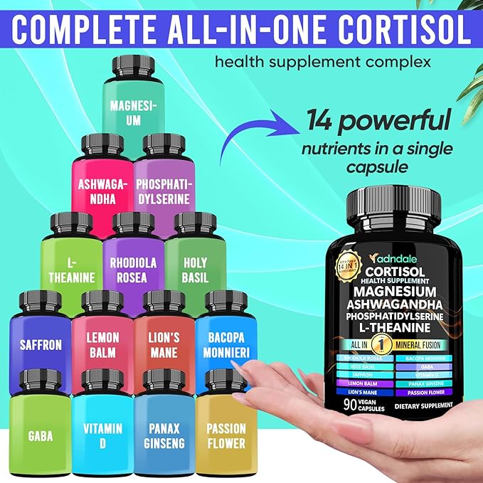 Cortisol Supplements for Women. Cortisol Manager 14-in-1 Formula with Ashwagandha, Magnesium Glycinate, L-Theanine & More. Support Stress Management & Stamina. 90 Capsules.