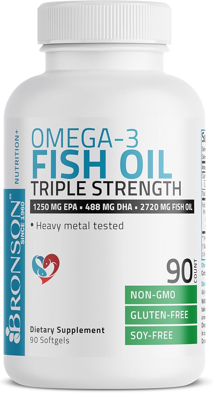 Bronson Omega 3 Fish Oil Triple Strength 2720 mg, High EPA 1250 mg DHA 488 mg, Non-GMO Heavy Metal Tested, 90 Softgels