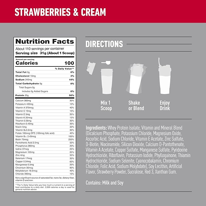 Isopure Protein Powder, Zero Carb Whey Isolate, Gluten Free, Lactose Free, 25g Protein, Keto Friendly, Strawberries & Cream, 110 Servings, 7.5 Pound (Packaging May Vary)