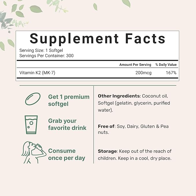 Micro Ingredients Vitamin K2 MK-7 Supplement, 200 mcg Per Serving, 300 Coconut Oil Softgels | Easily Absorbed, Active Menaquinone Form | Immune, Joint, & Heart Support | Non-GMO