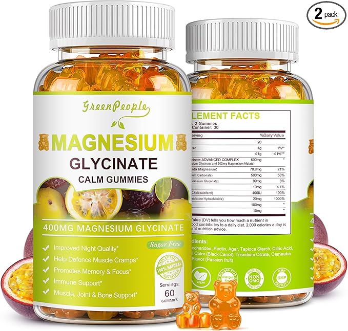 Magnesium Glycinate Gummies 400mg - Sugar Free Magnesium Potassium Supplement with Magnesium Malate, Vitamin D, B6, and CoQ10 for Calm Support & Sleep for Adults - Passion Fruit Gummies