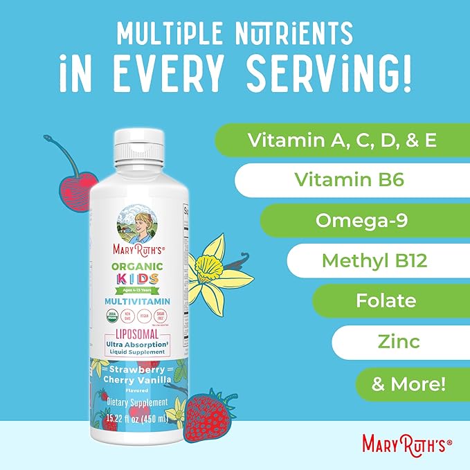 MaryRuth's Kids Multivitamin Liposomal | Vegan, Sugar-Free Vitamins for Kids | Ages 4+ | 2 Month Supply | 15.22 Fl Oz