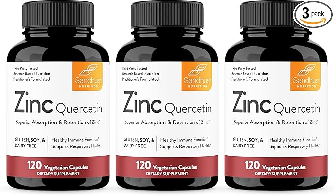 Sandhu's Zinc Quercetin 120 Vegetarian Capsules (Pack of 3) – Zinc Supplements for Antioxidant Immune Support Zinc for Men and Women