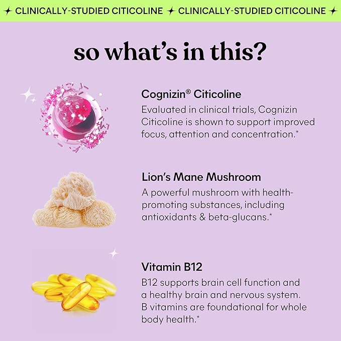 Lemme Focus Concentration & Brain Health Gummies with Cognizin Citicoline, Lion's Mane Mushroom, Vitamin B12 to Support Focus + Concentration - Gluten Free, Caffeine Free, Strawberry (50 Count)