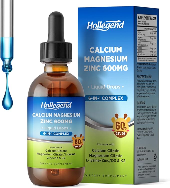 Liquid Calcium Citrate Drops with L-Lysine 500mg, Magnesium & Zinc, Calcium Citrate 600mg Supplement with Vitamin D3 & K2 for Kids & Adults, 2 Fl Oz