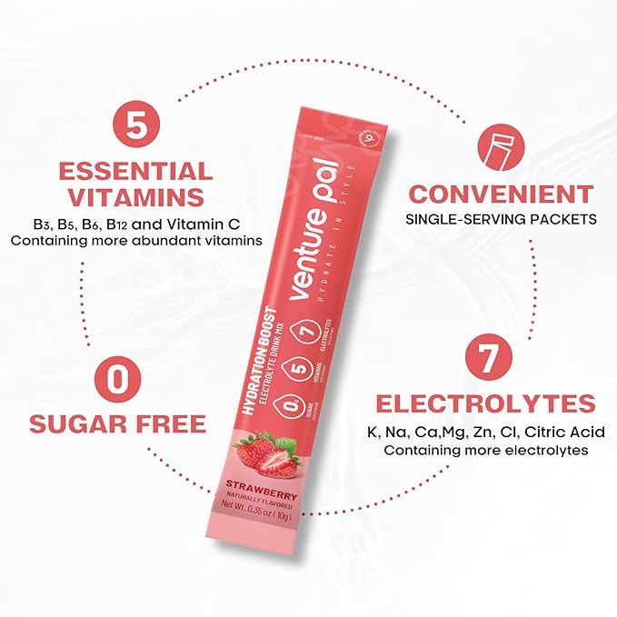 Venture Pal Sugar Free Electrolyte Powder Packets - Liquid Daily IV Drink Mix for Rapid Hydration & Party Recovery | 5 Vitamins & 7 Electrolytes| Keto Friendly | Non-GMO | Certified Vegan | 16 Sticks