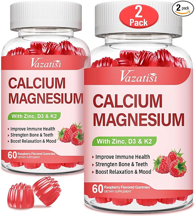Calcium Magnesium Zinc Gummies with Vitamin D3 & K2, High Absorption Magnesium Glycinate Potassium for Immune and Calm Mood, Raspberry Flavor 120 Gummies