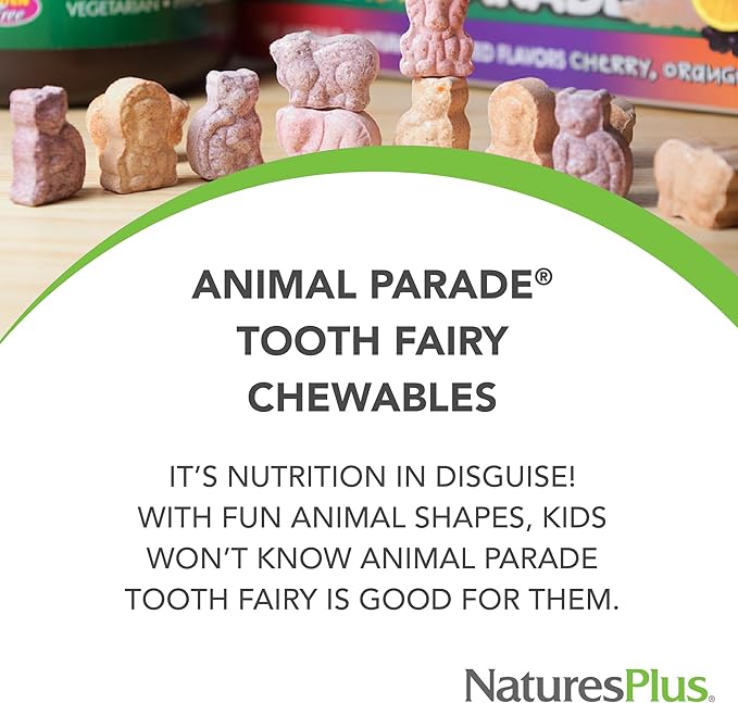 Natures Plus Animal Parade Tooth Fairy Children's Chewables - Natural Vanilla Flavor - 90 Animal-Shaped Tablets, Pack of 2 - Dental Health Supplement - Vegetarian, Gluten Free - 90 Total Servings
